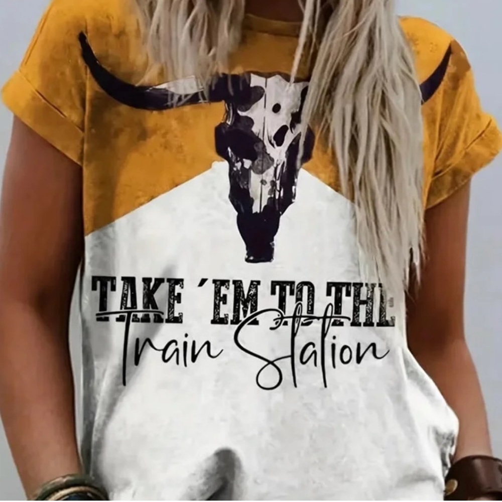 Cow Head Print Color Block T-Shirt